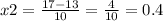 x2 = \frac{17 - 13}{10} = \frac{4}{10} = 0.4