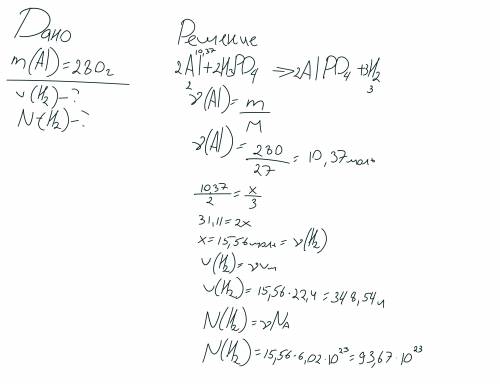 Вычисли число молекул и объём водорода, который выделится в результате взаимодействия 280г алюминия