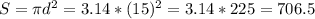 S=\pi d^{2} =3.14*(15)^{2} =3.14*225=706.5