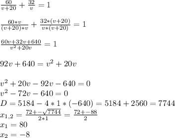 \frac{60}{v+20}+\frac{32}{v}=1\\ \\\frac{60*v}{(v+20)*v}+\frac{32*(v+20)}{v*(v+20)}=1\\\\\frac{60v+32v+640}{v^{2}+20v}=1\\\\92v+640=v^{2}+20v\\\\v^{2}+20v-92v-640=0\\v^{2}-72v-640=0\\D=5184-4*1*(-640)=5184+2560=7744\\x_{1,2}=\frac{72+-\sqrt{7744} }{2*1}=\frac{72+-88}{2} \\x_{1} =80\\x_{2}=-8