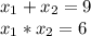 x_{1}+x_{2}=9\\x_{1}*x_{2}=6