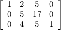 \left[\begin{array}{cccc}1&2&5&0\\0&5&17&0\\0&4&5&1\end{array}\right]