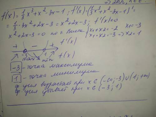 Знайдіть екстремуми та проміжки зростання і спадання функціїf(x) = 1\3(дріб)х³+х² – 3х – 1.​