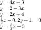 y=4x+3\\y=2-3x\\y=2x+4\\\frac{1}{3} x-0,2y+1=0\\y=\frac{5}{3} x+5