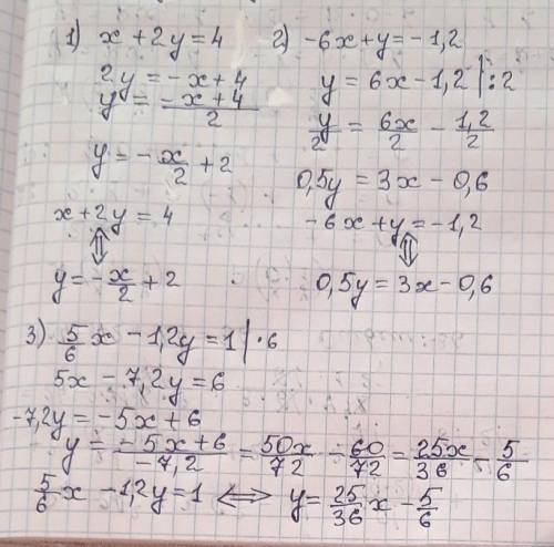 Напишите уравнение,равносильное уравнению:1)х+2у=4;2)-6х+у=-1,2;3)5/6х-1,2у=1;4)2,5х-3 1/7у