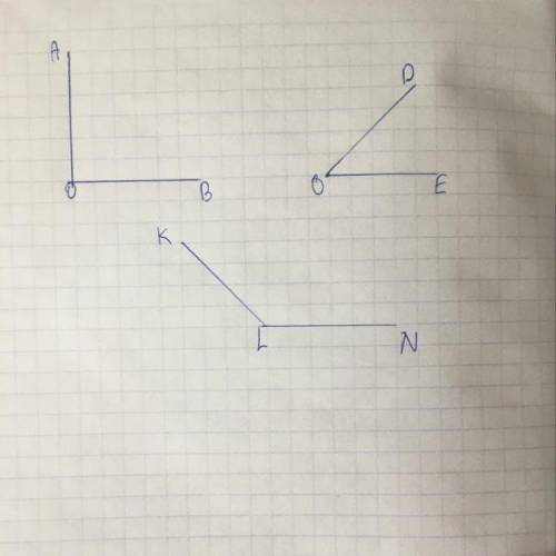 Очень Начерти углы так, чтобы а) Угол АОВ – прямой; б) угол DOE – острый; в) угол KLN – тупой. Зара