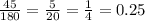 \frac{45}{180} = \frac{5}{20} = \frac{1}{4} = 0.25