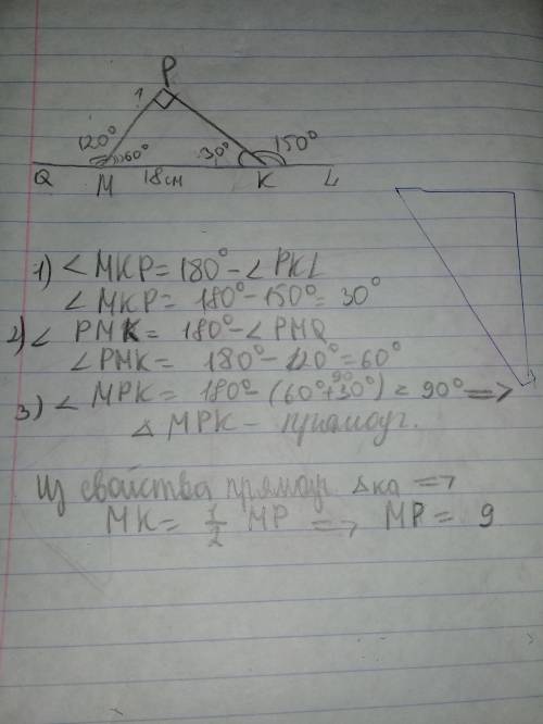 Длина стороны МК треугольника МРК равна 18 см Внешний угол треугольника при вершине К равен 150 град