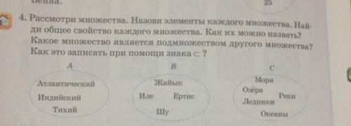 Рассмотри множества. Назови элементы каждого множества. Най- ди общее свойство каждого множества. Ка