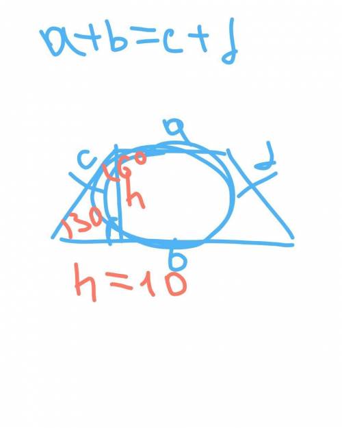 В равнобедренную трапецию вписана окружность. Больший угол трапеции равен 150°, а её высота равна 10