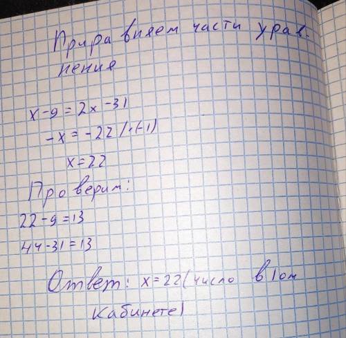 Запиши уравнение к задаче, начало решения которой выглядит так: 1-й кабинет 2-й кабинет Было стульев