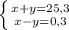 \left \{ {{x + y = 25,3} \atop {x -y = 0,3}} \right.