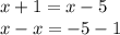 x + 1 = x - 5 \\ x - x = - 5 - 1