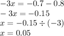 - 3x = - 0.7 - 0.8 \\ - 3x = - 0.15 \\ x = - 0.15 \div ( - 3) \\ x = 0.05