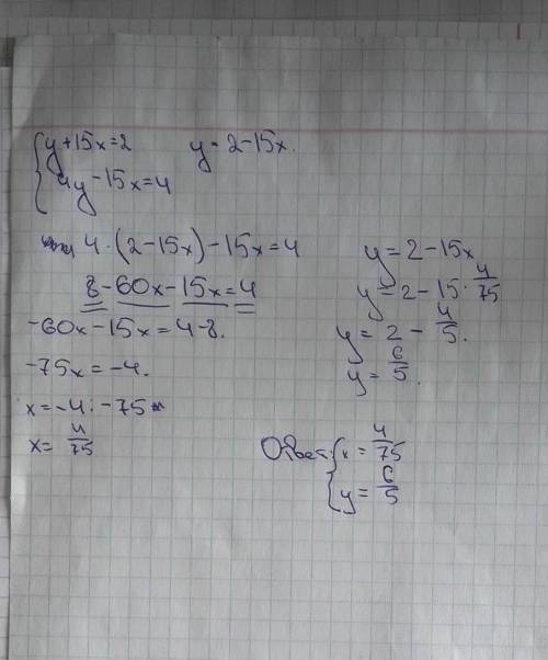 Дана система двух линейных уравнений:{y+15x=24y−15x=4Найди значение переменной y.