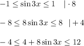 -1\leq \sin 3x\leq 1~~~|\cdot 8\\\\ -8\leq 8\sin 3x\leq 8~~|+4\\ \\ -4\leq 4+8\sin 3x\leq 12