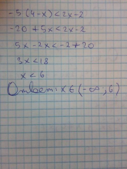 Решите неравенство -5×(4-x)<2x-2