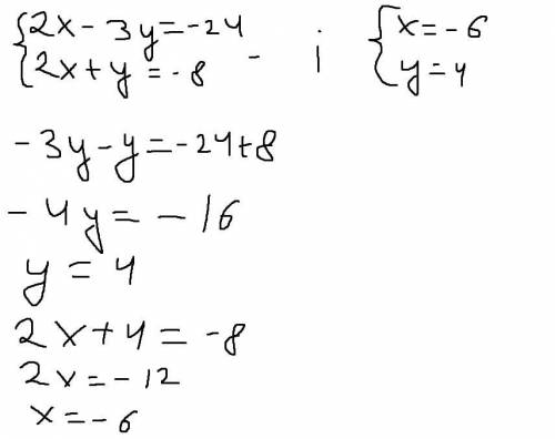 Решите систему уравнений 2х-3у=-24 2х+у=-8
