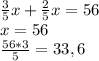 \frac{3}{5} x + \frac{2}{5} x = 56\\x = 56\\\frac{56*3}{5} = 33,6