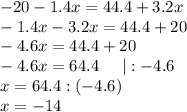 -20-1.4x=44.4+3.2x\\-1.4x-3.2x=44.4+20\\-4.6x=44.4+20\\-4.6x=64.4\;\;\;\;\;|:-4.6\\x=64.4:(-4.6)\\x=-14