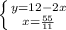 \left \{ {{y=12-2x} \atop {x=\frac{55}{11} }} \right.