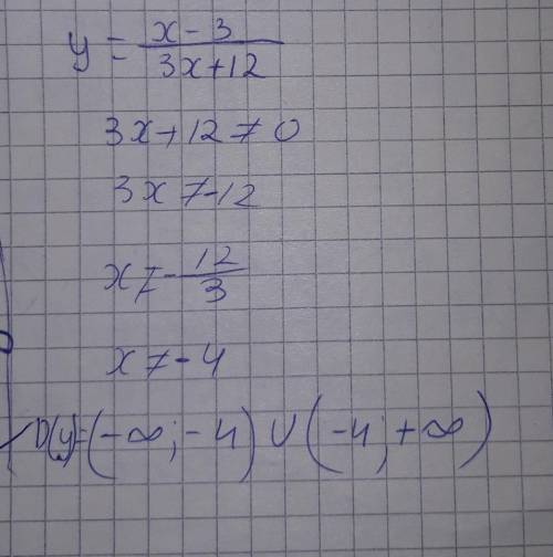 Найдите область определения функции y=x-3÷3x+12