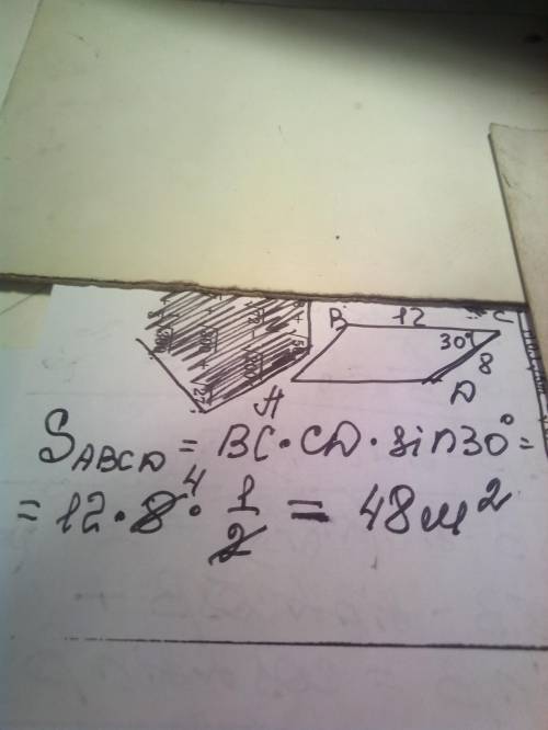 Знайдіть площу паралелограма зі сторонами 8м і 12м та гострим кутом 30°
