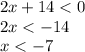 2x + 14 < 0 \\ 2x < - 14 \\ x < - 7