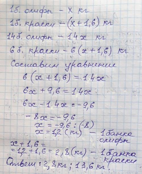 Масса банки краски больше массы банки олифы на 1, 6 кг. Какова масса банки краски ( одной банки) и к