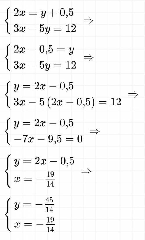 2x = y + 0, 5,3х – 5у = 12.Сможете сделать очень