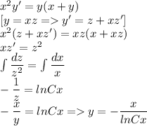 x^2y'=y(x+y)\\\left[y=xz=y'=z+xz'\right]\\ x^2(z+xz')=xz(x+xz)\\ xz'=z^2\\ \int\dfrac{dz}{z^2}=\int\dfrac{dx}{x}\\ -\dfrac{1}{z}=lnCx\\ -\dfrac{x}{y}=lnCx=y=-\dfrac{x}{lnCx}