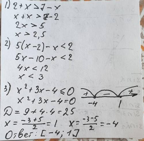 Решить неравенства КОПЕЦ КАК НАДО 1. 2+х≻7-х 2. 5(х-2)-х≺ 23. х²+3х-4≤ 01) 1) 4+7х≺182) 9х-4(2х+1)≻-