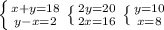 \left \{ {{x+y=18} \atop {y-x=2}} \right. \left \{ {{2y=20} \atop {2x=16}} \right. \left \{ {{y=10} \atop {x=8}} \right.