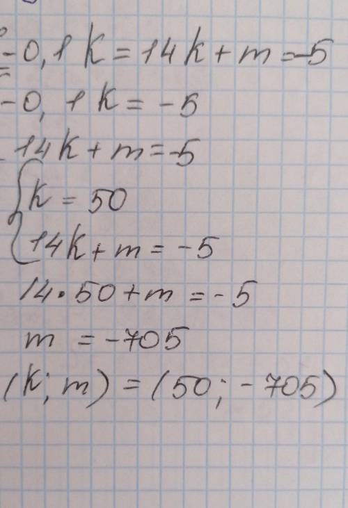 Реши систему уравнений {−0,1k=14k+m=−5 k= m=