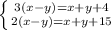 \left \{ {{3(x-y)=x+y+4} \atop {2(x-y)=x+y+15}} \right.