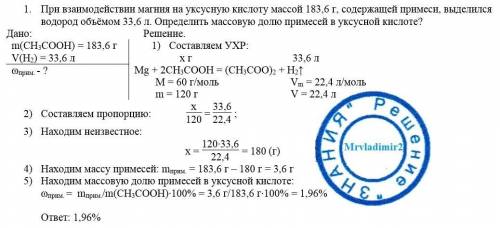 Решить задачи 1 При взаимодействии магния на уксусную кислоту массой 183,6 г., содержащей примеси, в