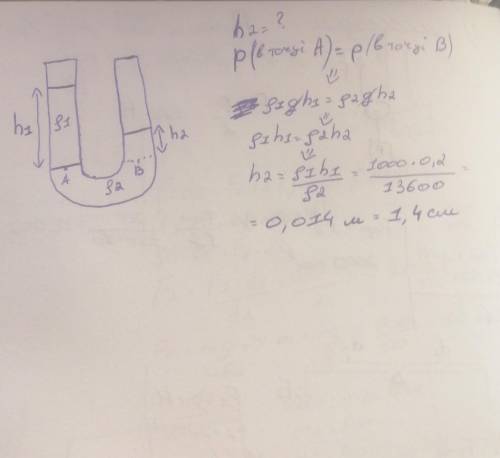 В U -подібній трубці міститься вода та ртуть. Висота стовпа води 20 см. Визначити висоту стовпа ртут