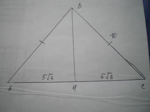 Рівнобічний трикутник бічна сторона якого дорівнює 10 см а основа - 10√3 см