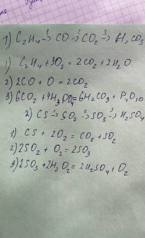 Скласти рівняння відповідно до схем: 1. C2H4⇾CO⇾CO2⇾H2CO3; 2.C1S⇾SO2⇾SO3⇾H2SO4;