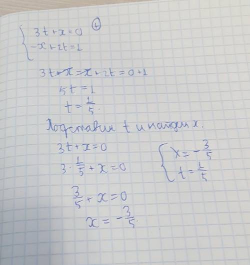 Реши систему уравнений алгебраического сложения. 3t+x=0 −x+2t=1 ответ: x= t=