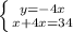 \left \{ {{y=-4x} \atop {x+4x = 34}} \right.