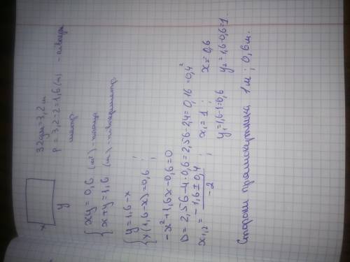 Обчисліть сторони прямокутника, якщо його периметр дорівнює 32 дм, а площа 0,6 м²