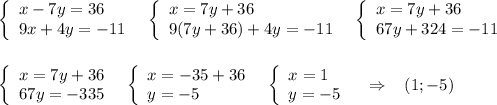 \left\{\begin{array}{l}x-7y=36\\9x+4y=-11\end{array}\right\; \; \left\{\begin{array}{l}x=7y+36\\9(7y+36)+4y=-11\end{array}\right\; \; \left\{\begin{array}{l}x=7y+36\\67y+324=-11\end{array}\right\\\\\\\left\{\begin{array}{l}x=7y+36\\67y=-335\end{array}\right\; \; \left\{\begin{array}{l}x=-35+36\\y=-5\end{array}\right\; \; \left\{\begin{array}{l}x=1\\y=-5\end{array}\right\; \; \; \Rightarrow \; \; \; (1;-5)