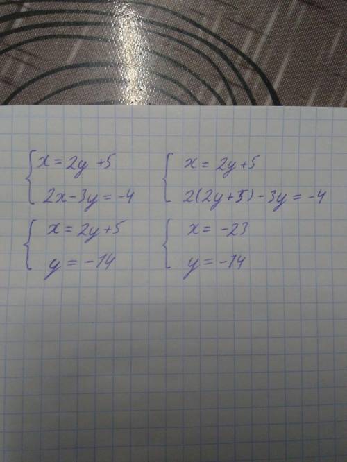 Решите систему уравнений методом подстановки x=2y+5 2x-3y=-4