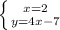 \left \{ {{x=2} \atop {y=4x-7}} \right.