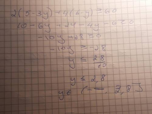 Реши неравенство 2(5−3y)+4(6−y)≥60