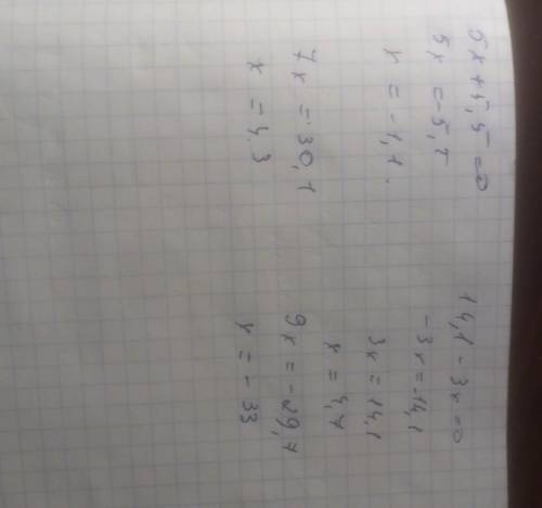 1) (5х+5,5)(14,1-3х)=02) (7х-30,1)(29,7+9х)=0