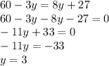 60-3y=8y+27\\60-3y-8y-27=0\\-11y+33=0\\-11y=-33\\y=3