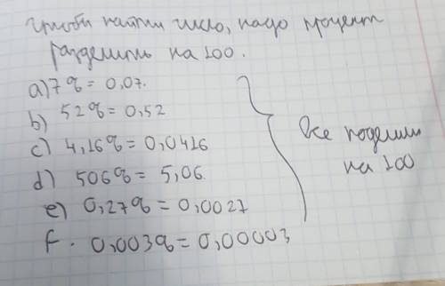 Запишите в виде числа а)7% b)52% c)4.16% d)506% e)0.27% f)0.003%