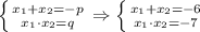 \left \{ {{x_1+x_2=-p} \atop {x_1\cdot x_2=q}} \right. \Rightarrow \left \{ {{x_1+x_2=-6} \atop {x_1\cdot x_2=-7}} \right.